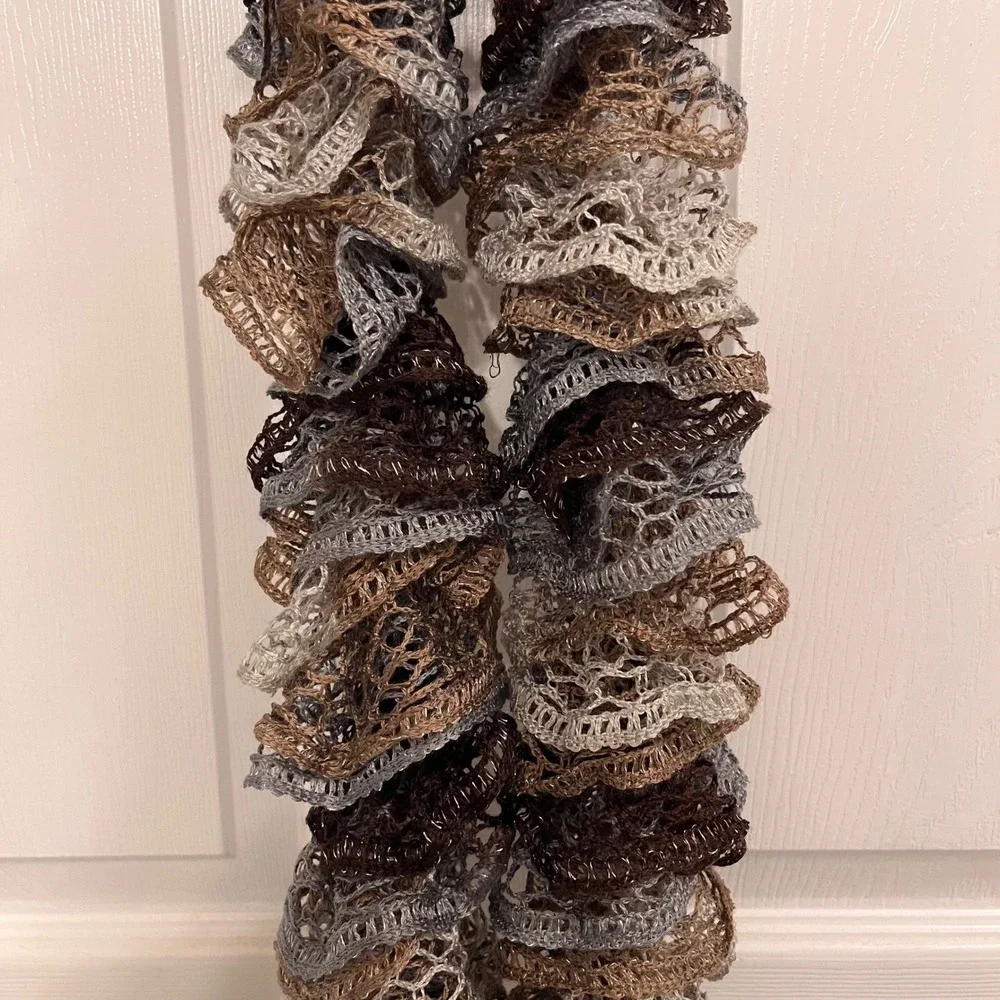 Ruffle Sashay Scarf Brown Grey Metallic Mesh Knit Lace Boa Spiral